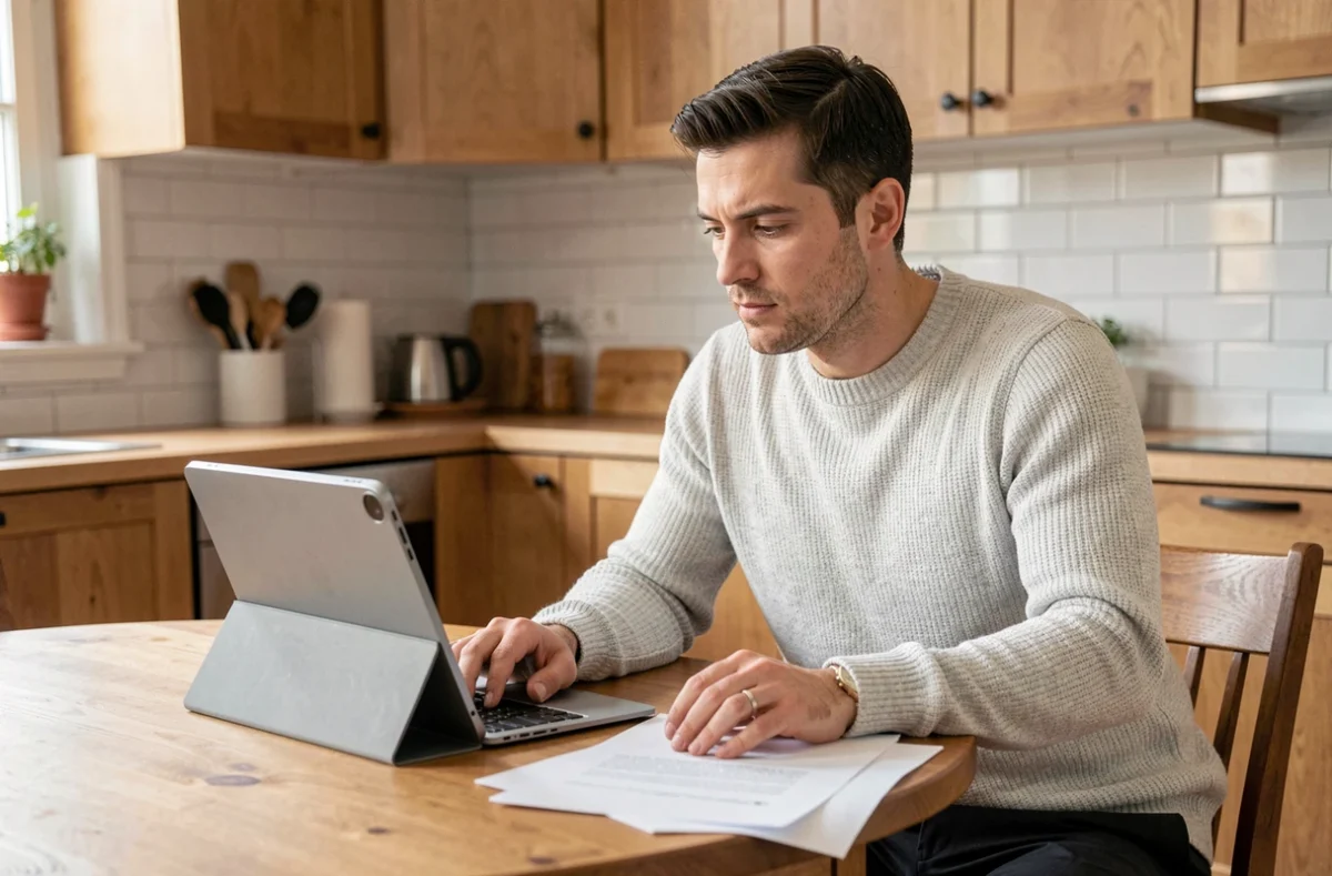 Homme rédigeant un message formel à un notaire sur tablette depuis son domicile avec des documents imprimés