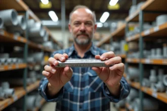 Homme mesurant un tuyau métallique dans un magasin de bricolage