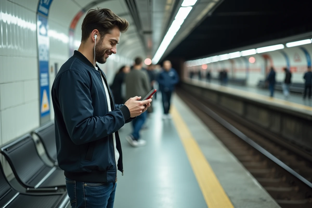 Homme dans le métro utilisant Adkimi sur mobile pour regarder des animes pendant ses trajets