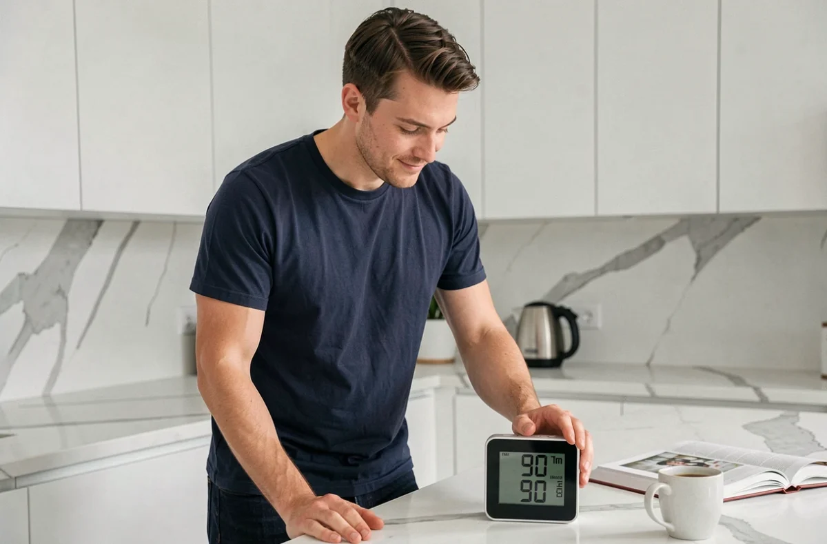 Homme devant une minuterie affichant 90 minutes dans une cuisine moderne, astuce de mémorisation en 1h30