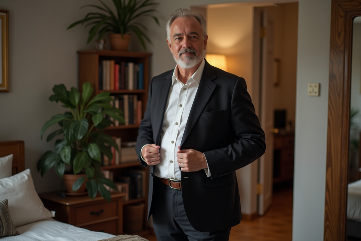 Homme confiant en costume dans une chambre chaleureuse