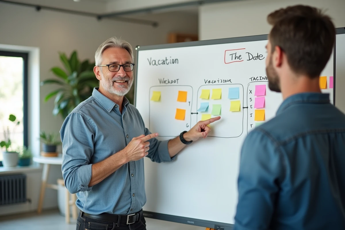 Homme en réunion expliquant un planning de vacances