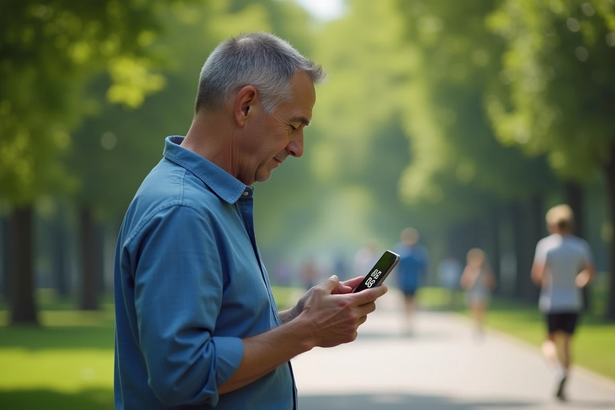 Homme dans un parc au matin regardant son téléphone