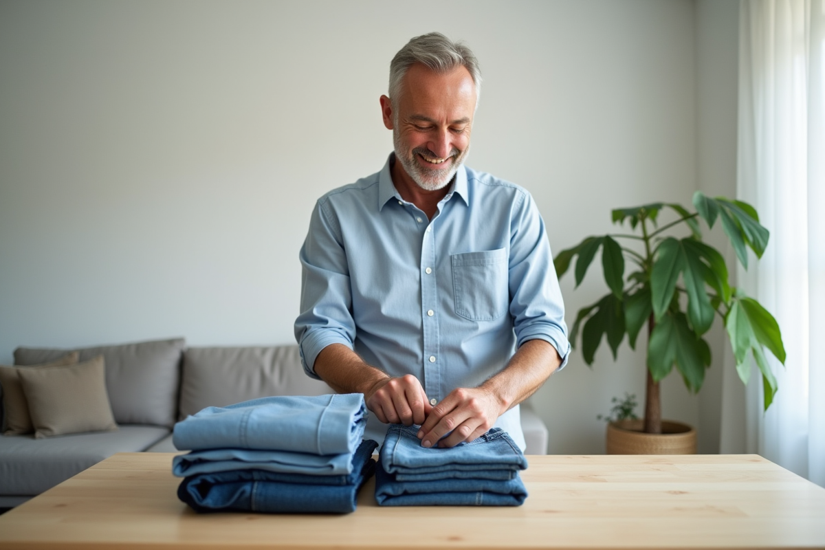 Homme plie des vêtements dans un salon lumineux et minimaliste