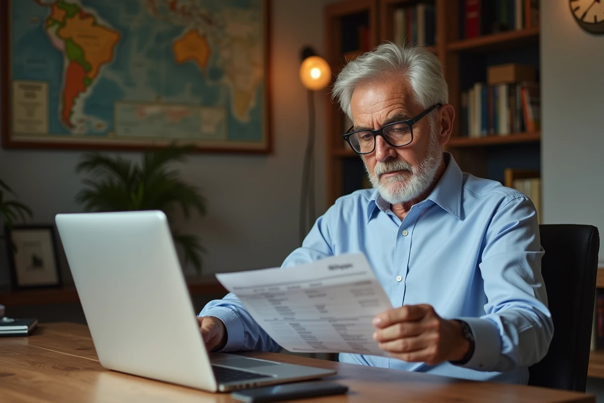 Homme vérifiant ses documents de voyage à la maison