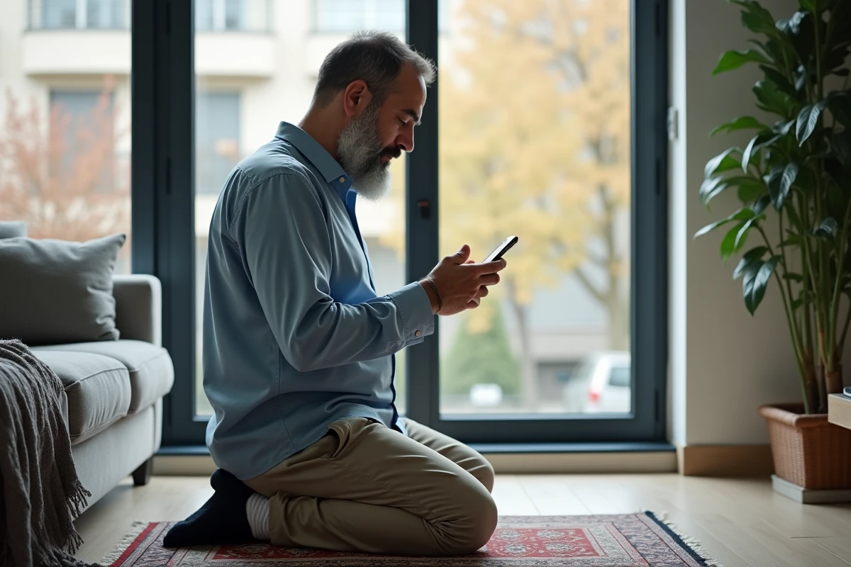 Homme d'âge moyen priant dans un salon moderne à Bondy