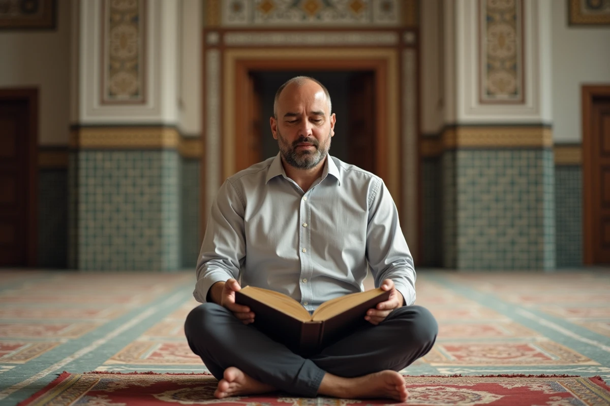 Homme priant dans une mosquee avec Quran ouvert
