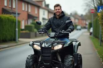 Homme en veste noire sur quad 125cc en banlieue