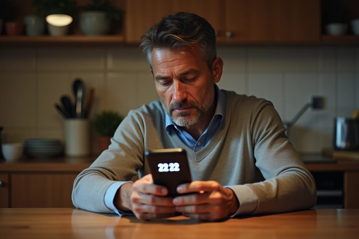 Homme pensif regardant son téléphone avec 2222 dans la cuisine