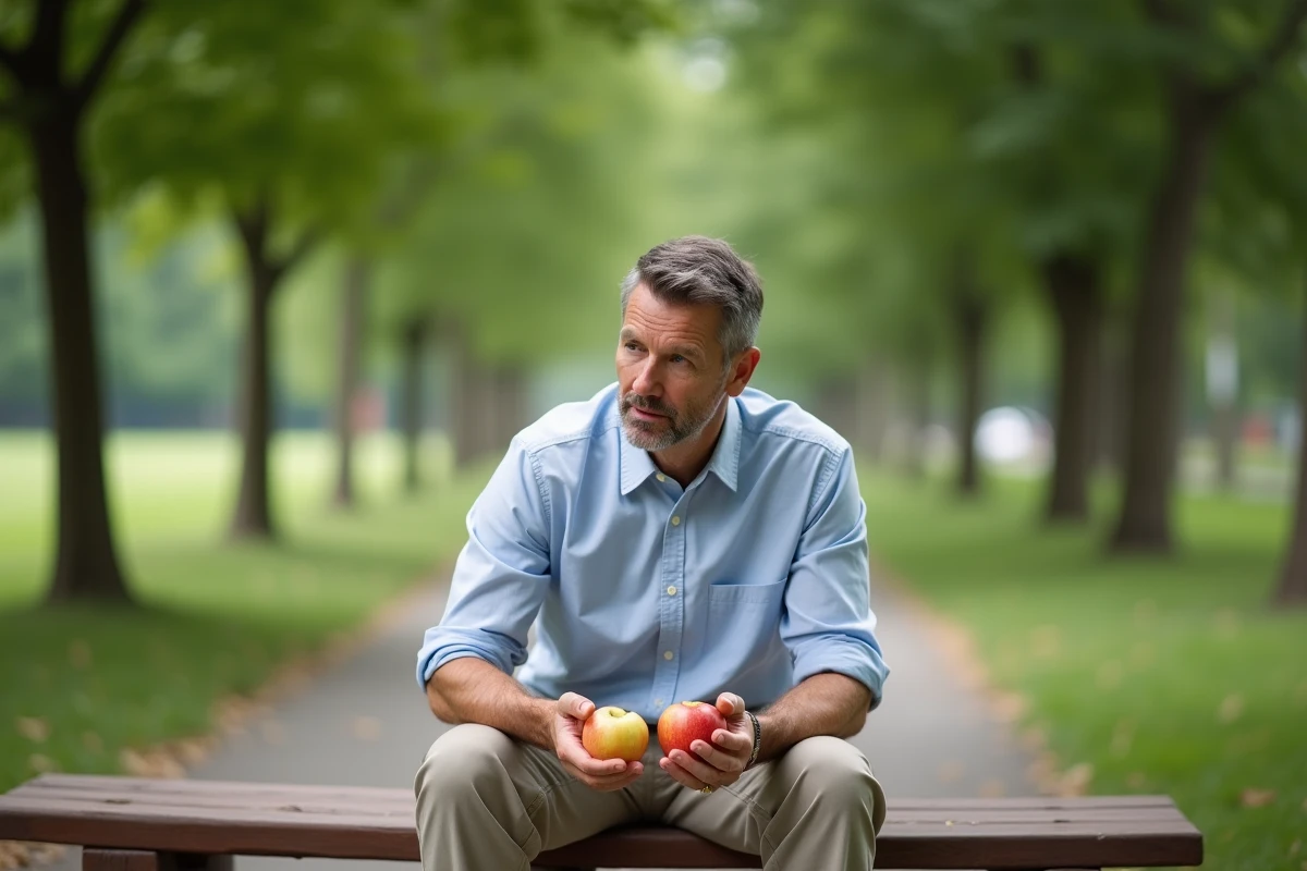Homme méditant avec deux pommes dans un parc calme