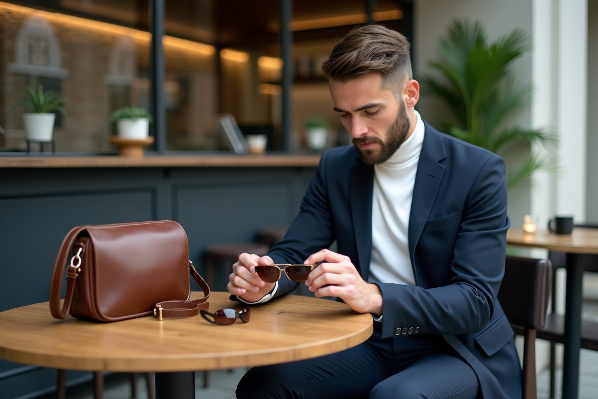 Homme en costume minimaliste examinant ses accessoires au café
