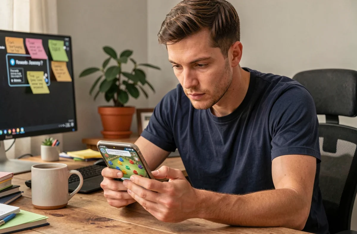 Homme utilisant des boosts temporaires sur Monopoly GO depuis son bureau à domicile, stratégie de combinaison de bonus