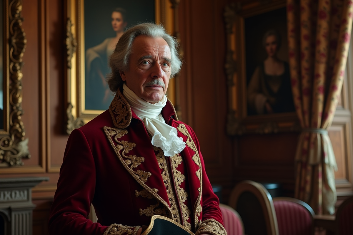 Homme en costume 18e dans un salon richement decoré