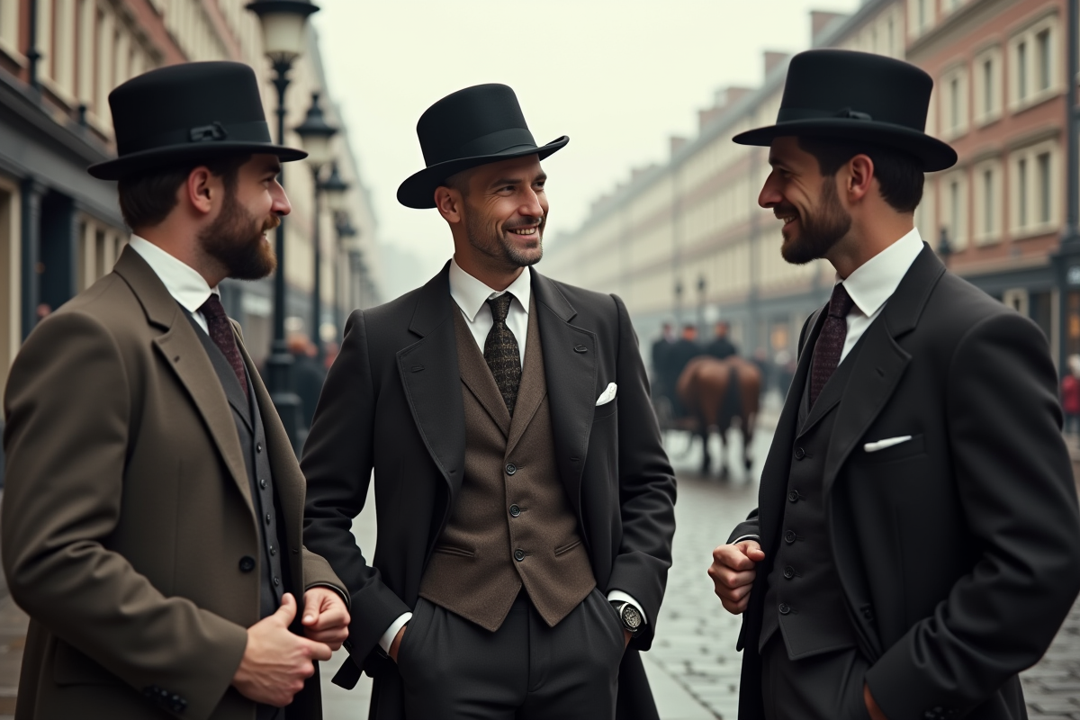 Trois hommes en costumes 1900s discutant en ville