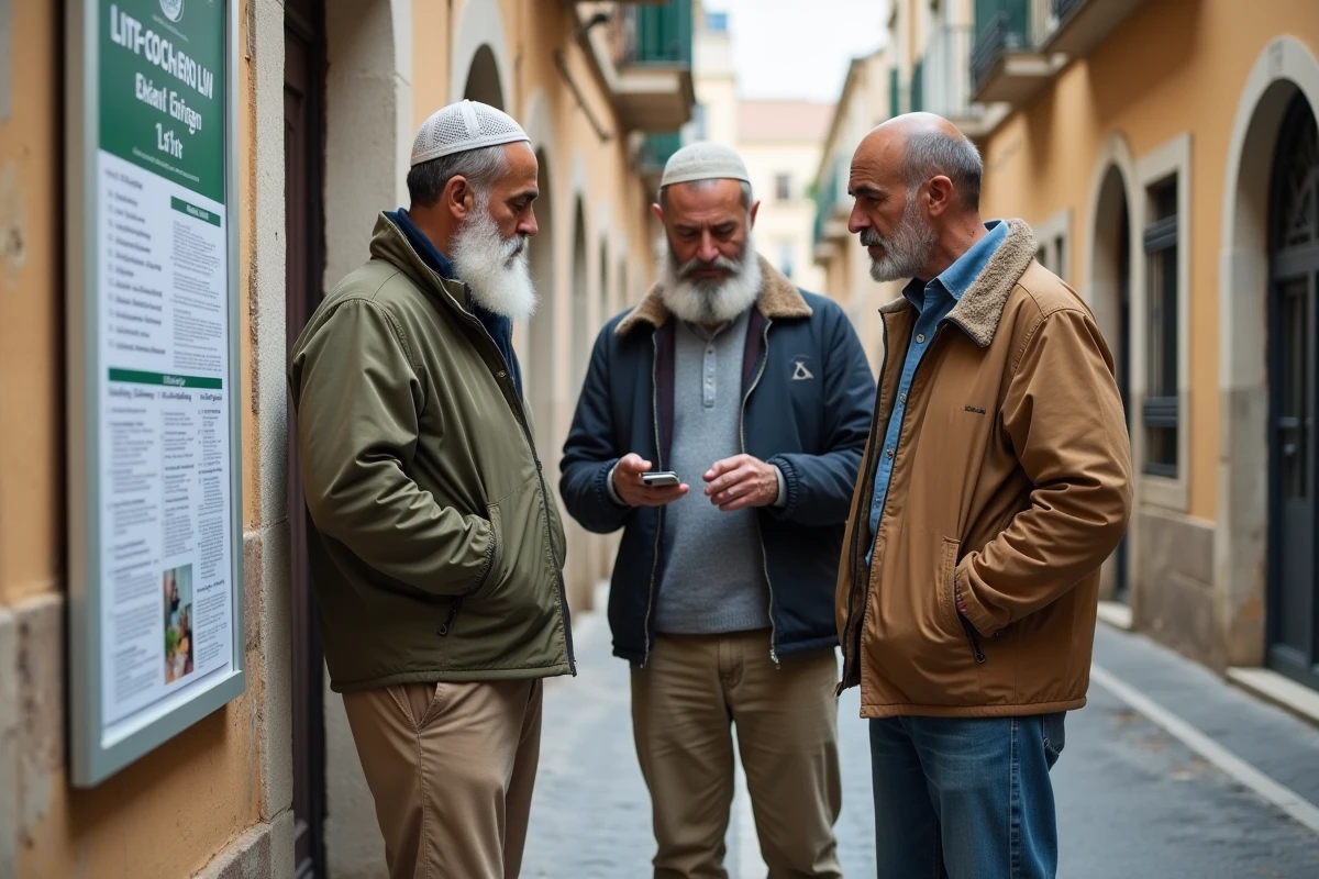 Groupe d'hommes consultant l'affiche des horaires de prière à l'entrée d'une mosquée du quartier Noailles à Marseille