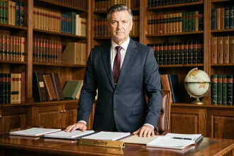 Huissier de justice en costume sombre debout derrière son bureau dans un cabinet juridique traditionnel avec des étagères remplies de livres de droit