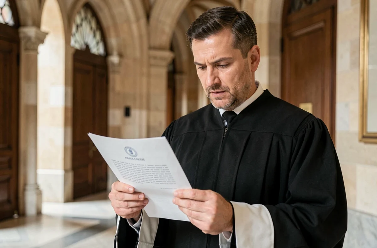 Portrait d'un huissier de justice en robe officielle tenant un document légal estampillé dans le couloir d'un palais de justice français