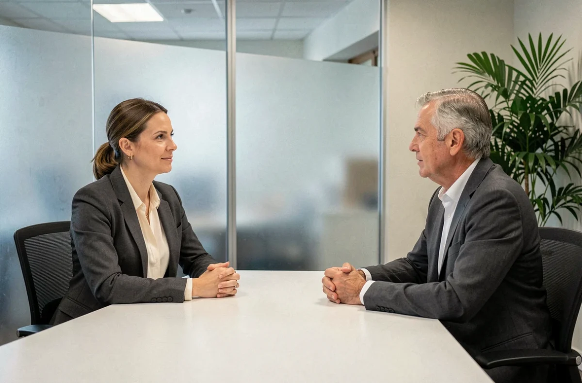 Huissière de justice en blazer gris en consultation professionnelle avec un client dans un bureau juridique moderne et épuré