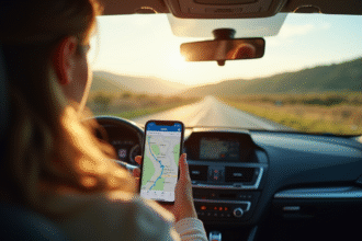 Intérieur lumineux d'une voiture avec une personne utilisant un smartphone pour la carte Michelin