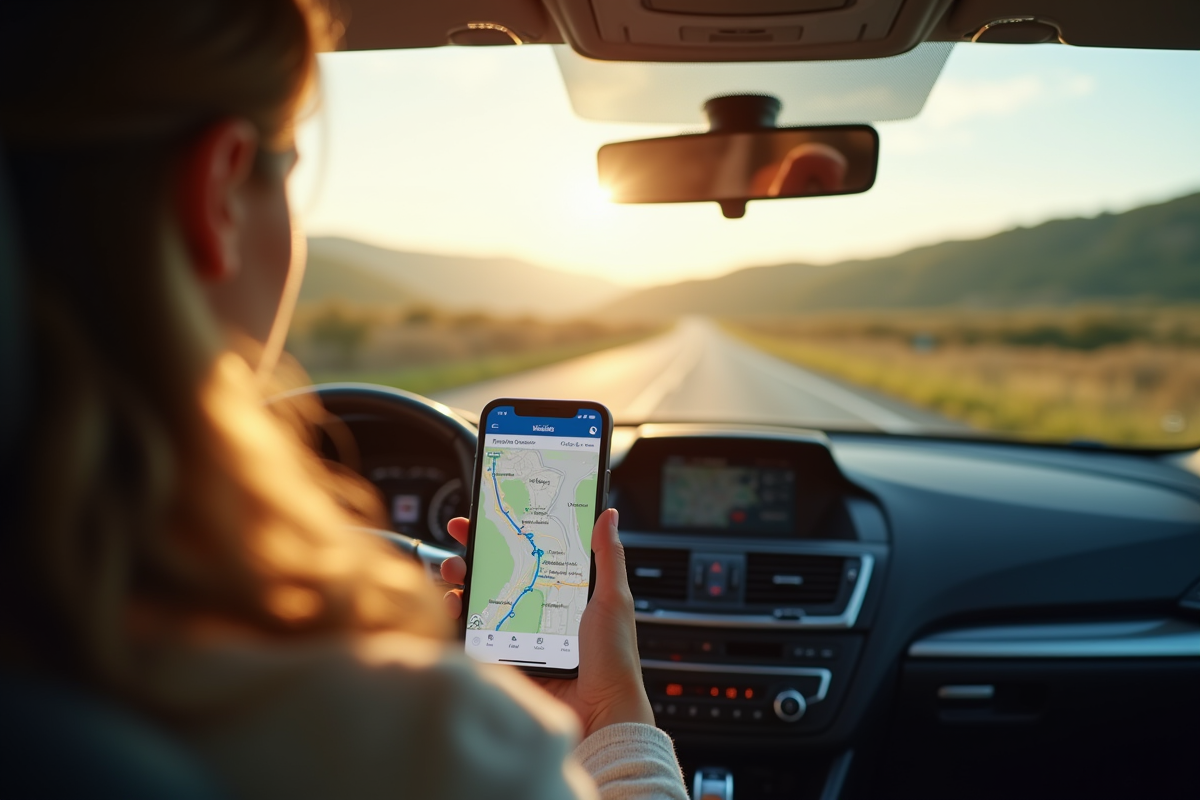 Intérieur lumineux d'une voiture avec une personne utilisant un smartphone pour la carte Michelin