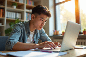 Jeune adulte travaillant à un bureau organisé et lumineux