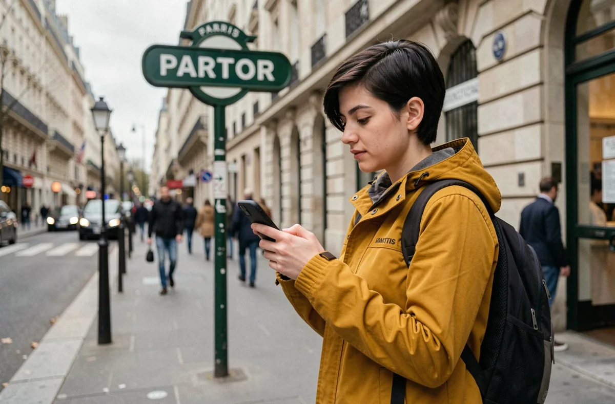 Jeune femme vérifiant les alertes personnalisées du trafic RATP sur son téléphone à l'entrée d'une station de métro parisienne