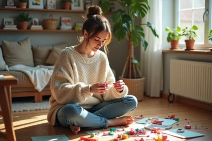 Jeune femme en tricot coloré bricolant dans un salon lumineux