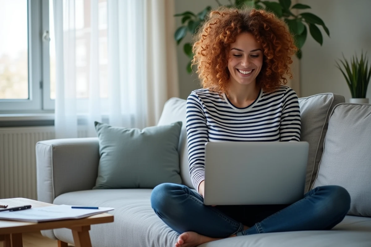 Jeune femme consultant une correction grammaticale sur son ordinateur portable dans un salon moderne, découvrant la bonne orthographe de mis