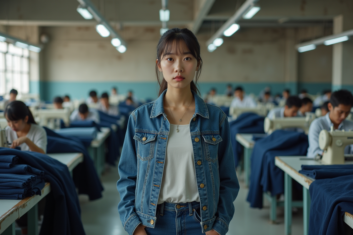 Jeune femme asiatique dans une usine de denim en activité