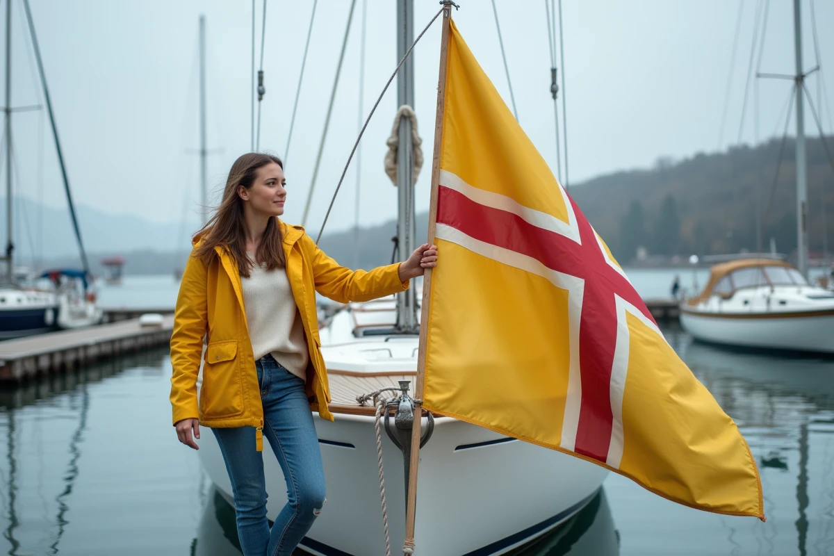 Jeune femme fixant un drapeau breton sur un voilier