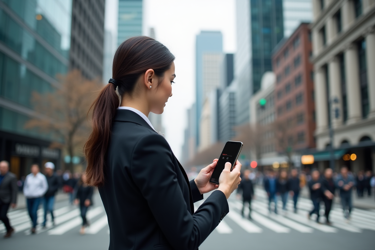 Jeune femme avec smartphone dans un quartier financier animé
