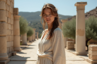 Jeune femme en tunique de lin dans un paysage méditerranéen