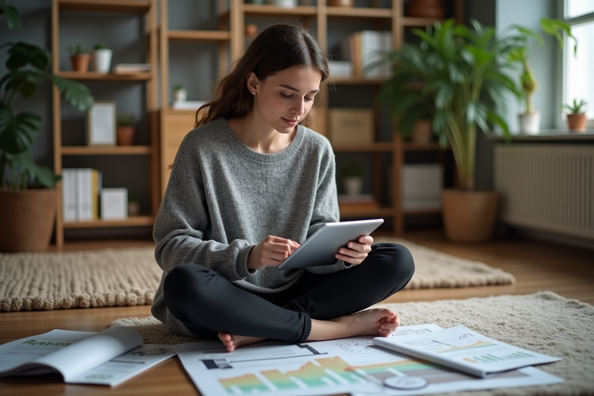 Jeune femme vérifiant ses investissements sur une tablette à la maison