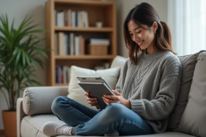 Jeune femme lisant un manga sur un sofa cosy dans un salon