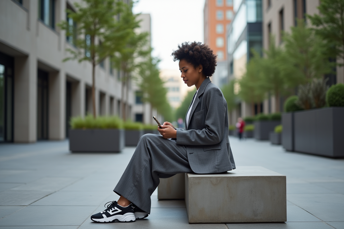 Jeune femme élégante assise en ville avec blazer et smartphone