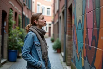 Jeune femme admire un mur coloré dans une ruelle de Lille