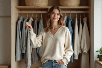 Jeune femme devant un dressing avec tenues neutres et élégantes