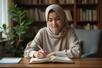 Jeune femme lisant le Quran dans un cadre cosy