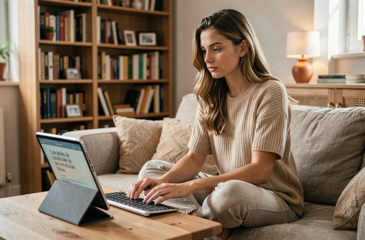 Jeune femme utilisant un clavier et une tablette pour écrire un document en français depuis son salon