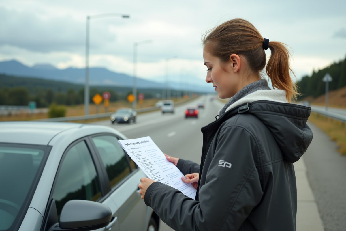 Jeune femme vérifiant une fiche de gestion de vitesse à côté de sa voiture
