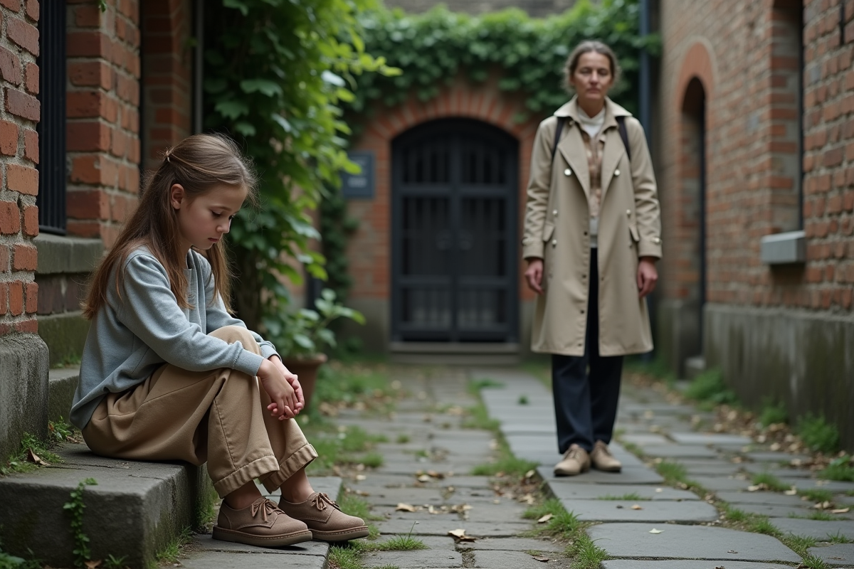 Jeune fille assise sur une marche en pierre