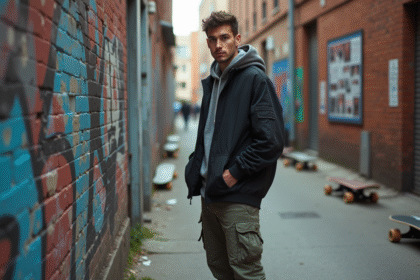Jeune fondateur en streetwear urbain devant un mur graffite