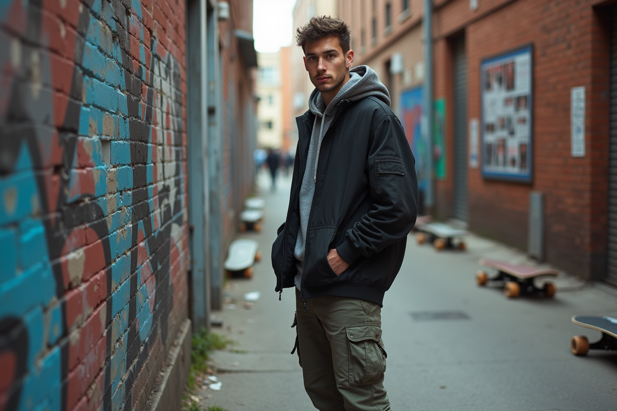 Jeune fondateur en streetwear urbain devant un mur graffite