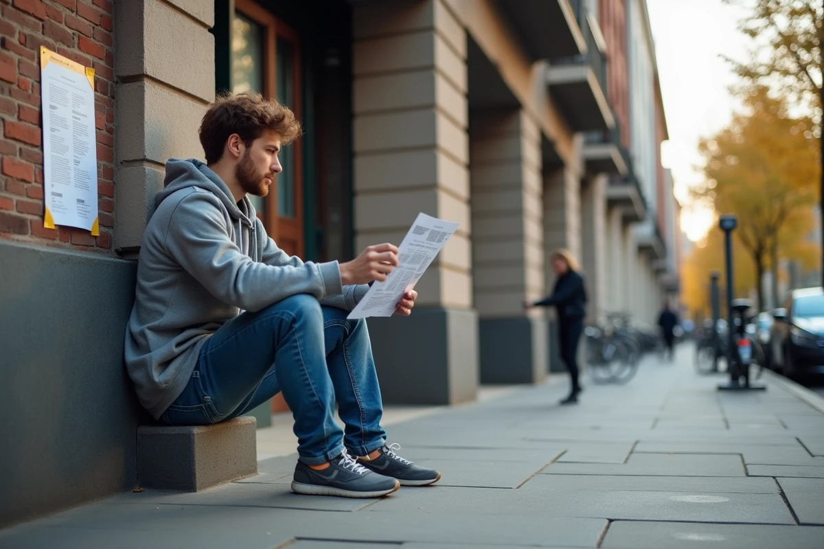 Jeune homme lisant une affiche dans la rue urbaine