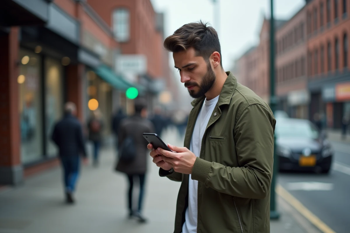 Jeune homme dans la rue vérifiant une alerte d'appel frauduleux sur son smartphone, illustration de la lutte contre les arnaques téléphoniques