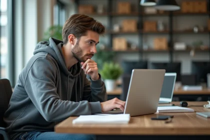 Jeune homme concentré travaillant sur son ordinateur dans un bureau lumineux