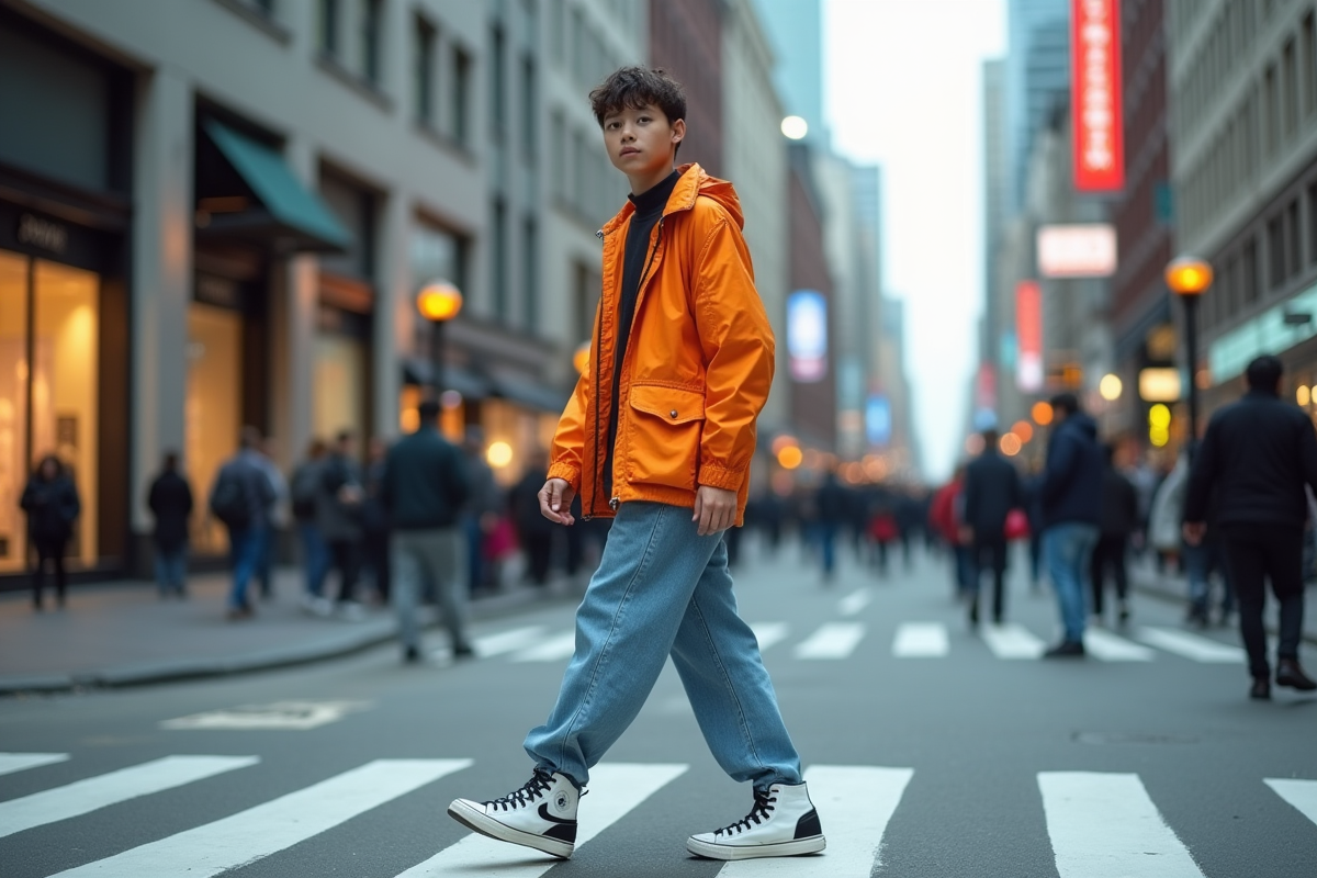 Jeune homme en streetwear traversant un passage piéton en ville