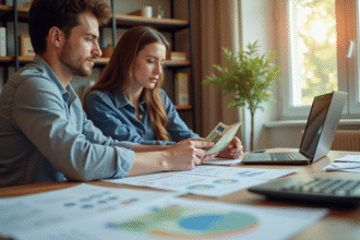 Jeune couple analysant des documents financiers dans un bureau lumineux