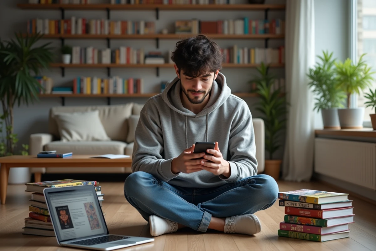 Jeune homme lisant manga sur smartphone dans un salon cosy