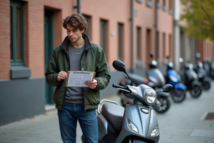 Jeune homme avec scooter en ville pour l'article